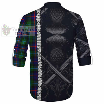 Tartan Vibes Clothing Calder Tartan Ghillie Kilt Shirt with Family Crest Cross Sword Thistle Celtic Vibes