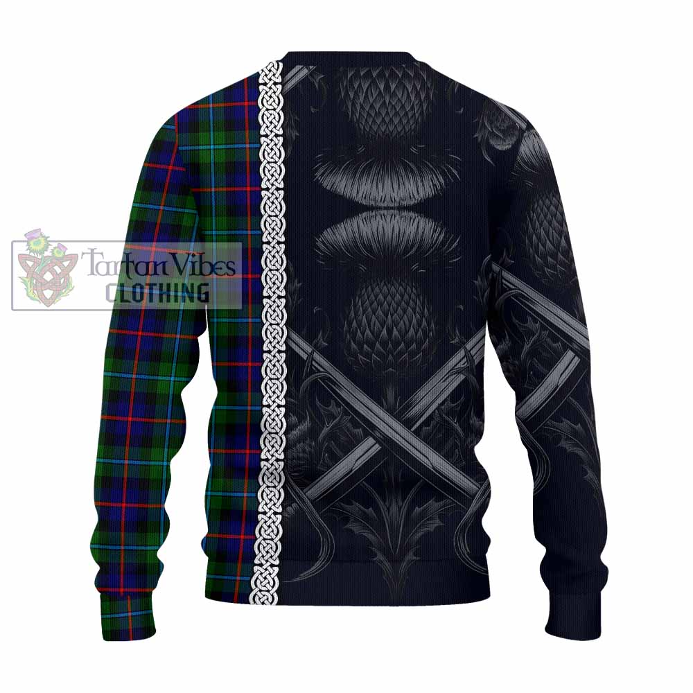 Calder Tartan Knitted Sweater with Family Crest Cross Sword Thistle Celtic Vibes - Tartan Vibes Clothing