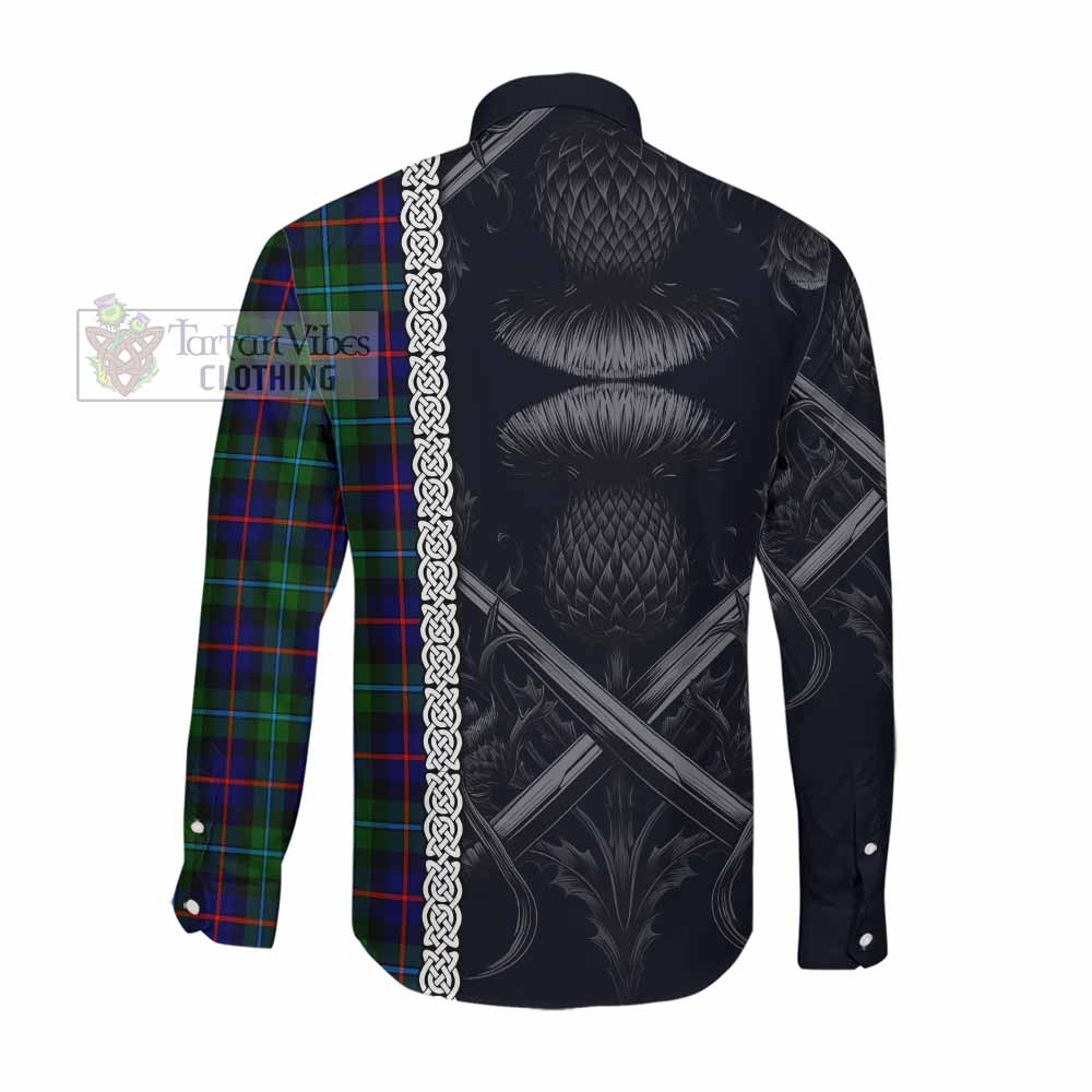 Tartan Vibes Clothing Calder Tartan Long Sleeve Button Shirt with Family Crest Cross Sword Thistle Celtic Vibes