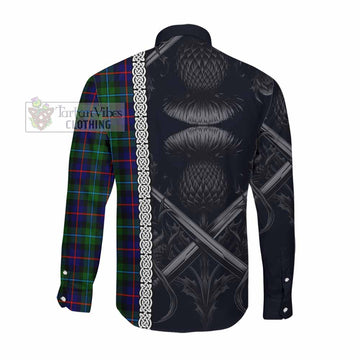 Tartan Vibes Clothing Calder Tartan Long Sleeve Button Shirt with Family Crest Cross Sword Thistle Celtic Vibes