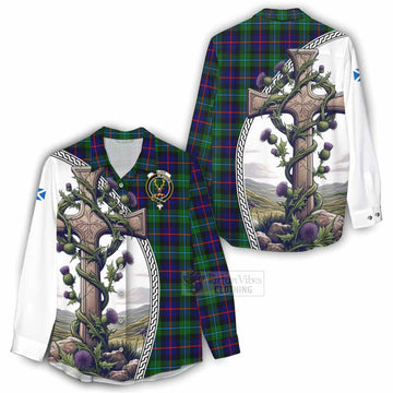 Calder Tartan Women's Casual Shirt with Family Crest and St. Andrew's Cross Accented by Thistle Vines - Tartan Vibes Clothing