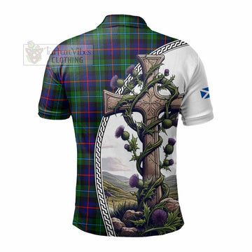 Calder Tartan Polo Shirt with Family Crest and St. Andrew's Cross Accented by Thistle Vines - Tartan Vibes Clothing