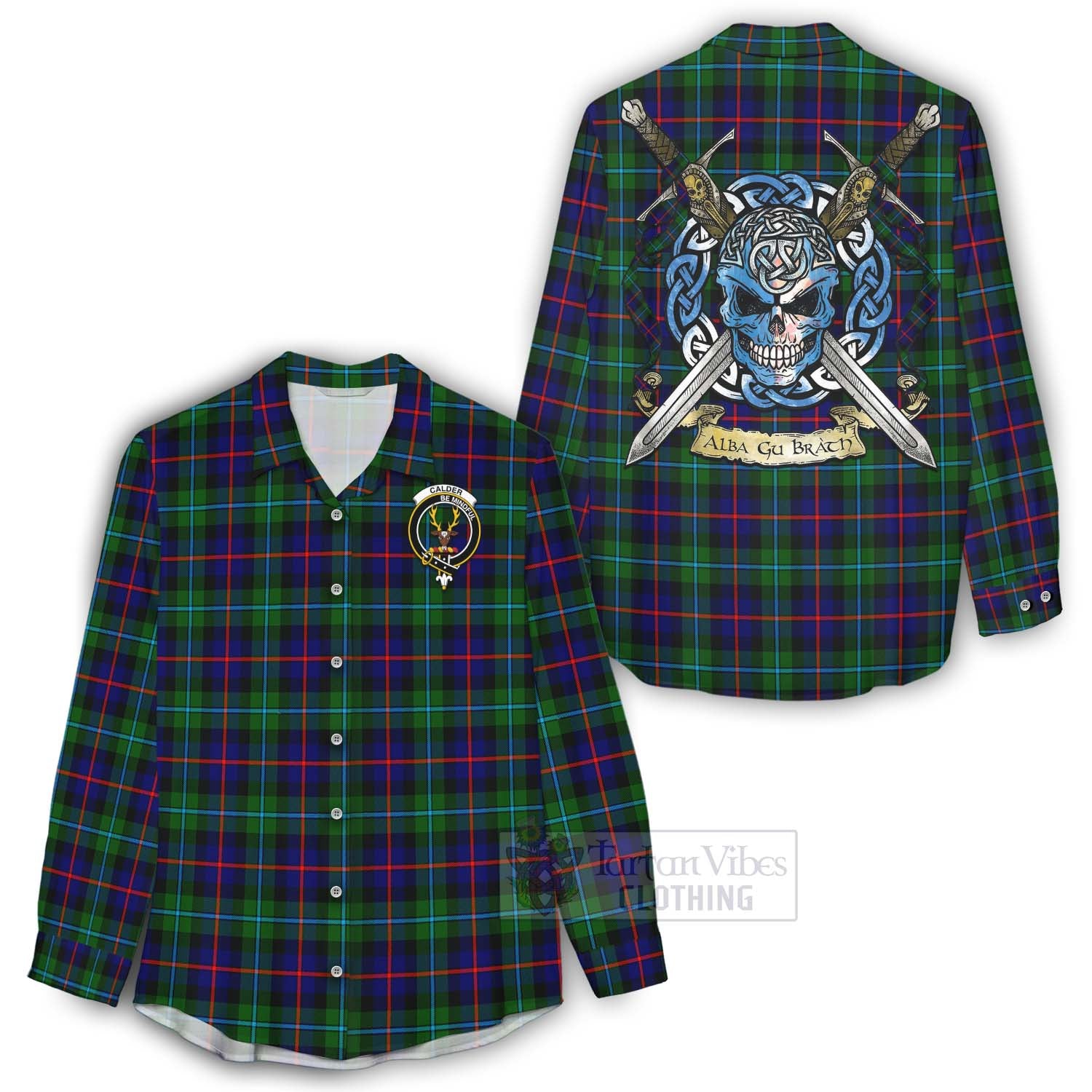 Calder Tartan Women's Casual Shirt with Family Crest Celtic Skull Style - Tartan Vibes Clothing