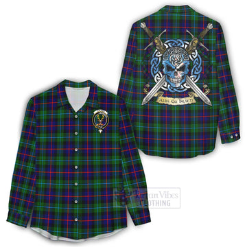 Calder Tartan Women's Casual Shirt with Family Crest Celtic Skull Style - Tartan Vibes Clothing