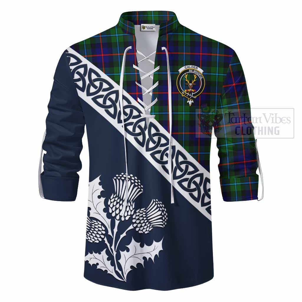 Tartan Vibes Clothing Calder Tartan Ghillie Kilt Shirt Featuring Thistle and Scotland Map