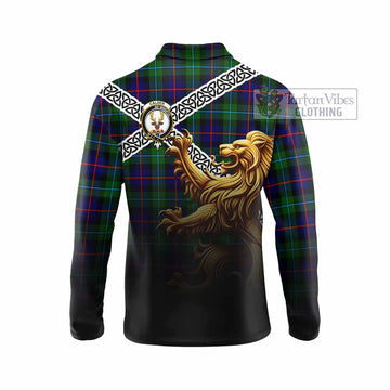 Calder Crest Tartan Long Sleeve Polo Shirt with Golden Lion Emblem Celtic Style - Tartan Vibes Clothing