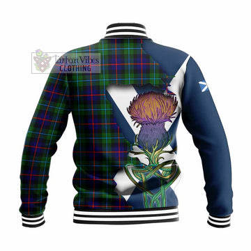 Tartan Vibes Clothing Calder Tartan Family Crest Baseball Jacket Scottish Thistle Celtic Inspired