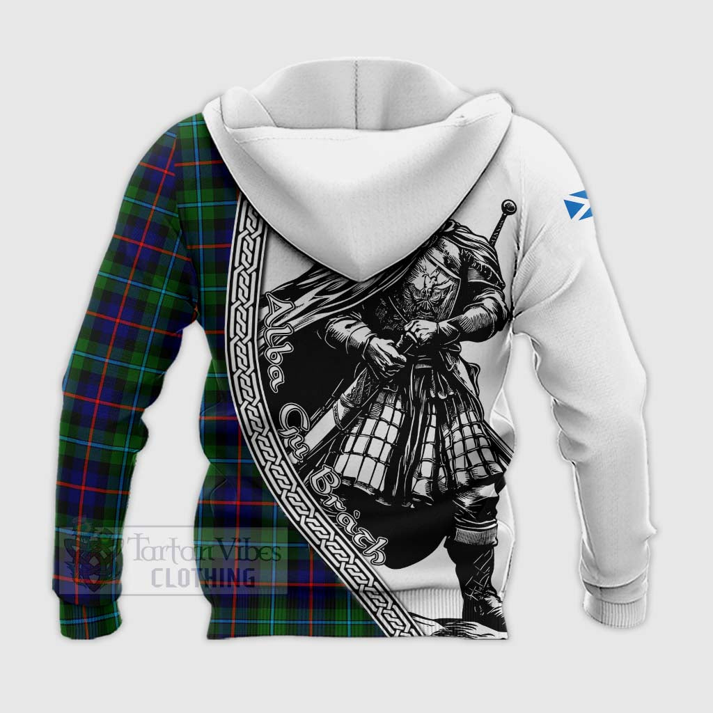 Tartan Vibes Clothing Calder Tartan Clan Crest Knitted Hoodie with Highlander Warrior Celtic Style