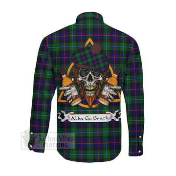 Tartan Vibes Clothing Calder Tartan Long Sleeve Button Shirt with Family Crest and Bearded Skull Holding Bottles of Whiskey