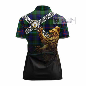 Tartan Vibes Clothing Calder Crest Tartan Women's Polo Shirt with Golden Lion Emblem Celtic Style