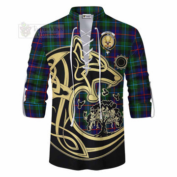 Tartan Vibes Clothing Calder Tartan Ghillie Kilt Shirt with Family Crest Celtic Wolf Style