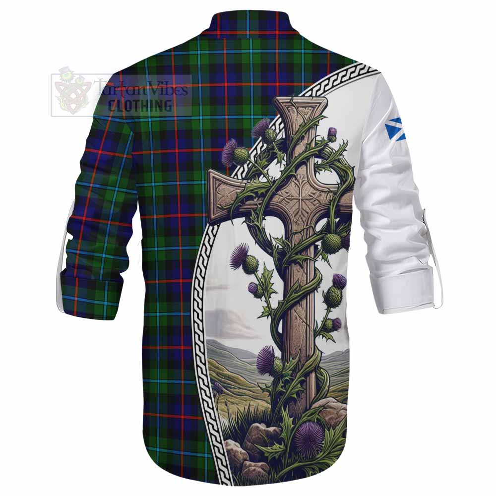 Tartan Vibes Clothing Calder Tartan Ghillie Kilt Shirt with Family Crest and St. Andrew's Cross Accented by Thistle Vines