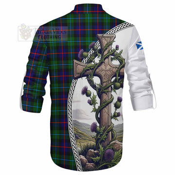Tartan Vibes Clothing Calder Tartan Ghillie Kilt Shirt with Family Crest and St. Andrew's Cross Accented by Thistle Vines