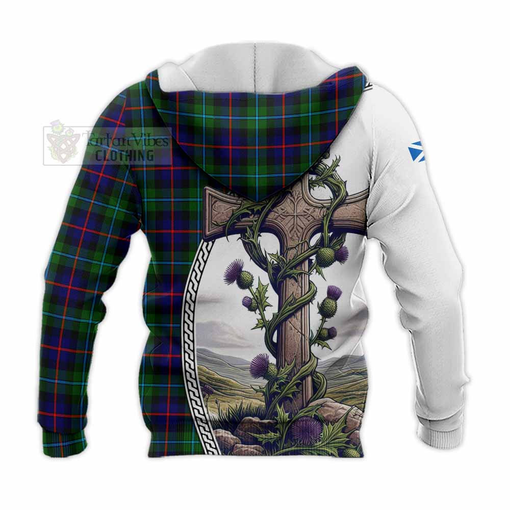Tartan Vibes Clothing Calder Tartan Knitted Hoodie with Family Crest and St. Andrew's Cross Accented by Thistle Vines