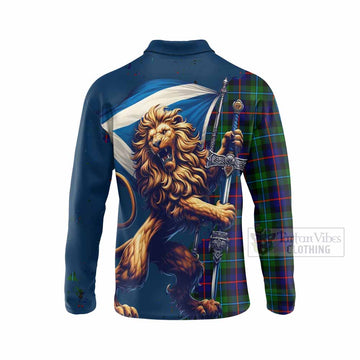 Calder Tartan Family Crest Long Sleeve Polo Shirt with Scottish Majestic Lion - Tartan Vibes Clothing
