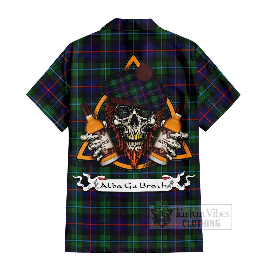 Tartan Vibes Clothing Calder Tartan Short Sleeve Button Shirt with Family Crest and Bearded Skull Holding Bottles of Whiskey