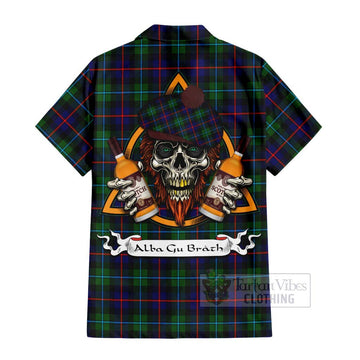 Tartan Vibes Clothing Calder Tartan Short Sleeve Button Shirt with Family Crest and Bearded Skull Holding Bottles of Whiskey