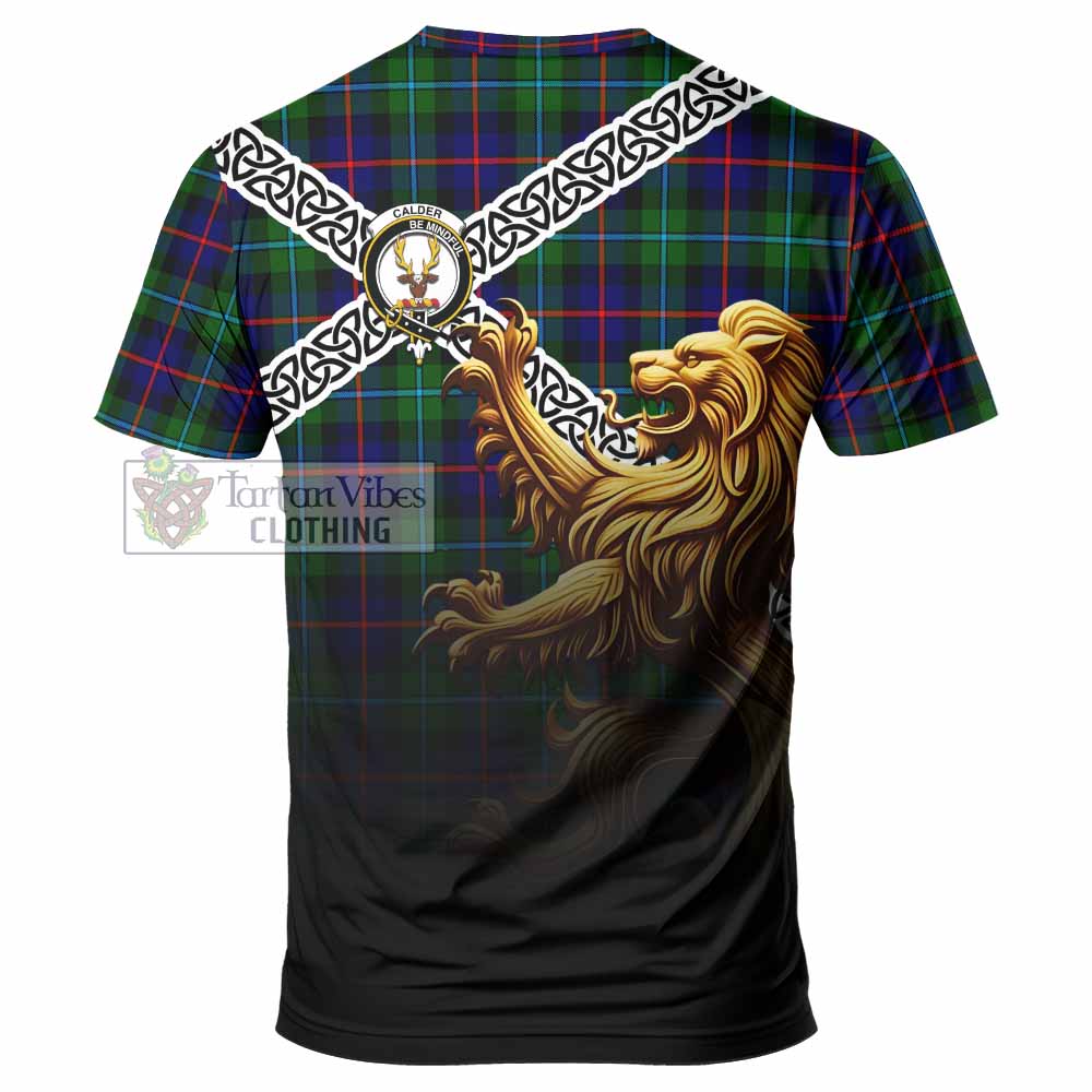 Calder Crest Tartan T-Shirt with Golden Lion Emblem Celtic Style - Tartan Vibes Clothing