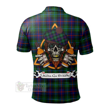 Calder Tartan Polo Shirt with Family Crest and Bearded Skull Holding Bottles of Whiskey - Tartan Vibes Clothing