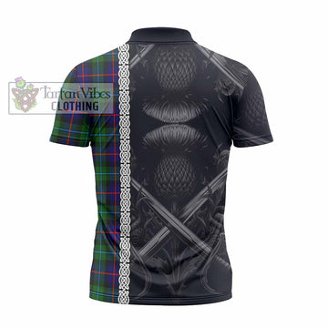 Calder Tartan Zipper Polo Shirt with Family Crest Cross Sword Thistle Celtic Vibes
