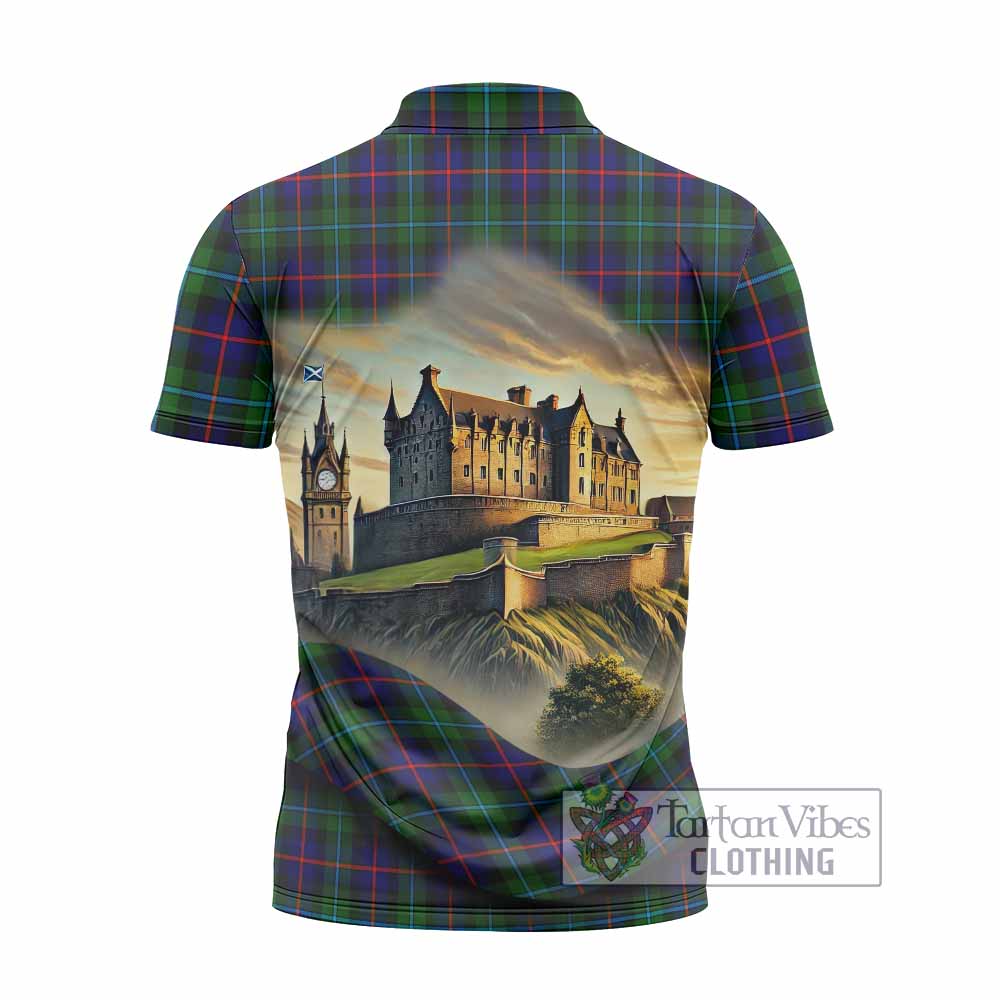 Calder Tartan Family Crest Zipper Polo Shirt with Scottish Ancient Castle Style - Tartan Vibes Clothing