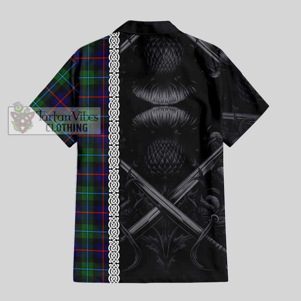 Tartan Vibes Clothing Calder Tartan Short Sleeve Button Shirt with Family Crest Cross Sword Thistle Celtic Vibes