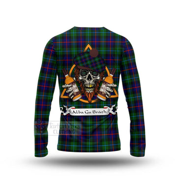 Calder Tartan Long Sleeve T-Shirt with Family Crest and Bearded Skull Holding Bottles of Whiskey - Tartan Vibes Clothing