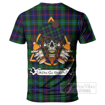 Calder Tartan T-Shirt with Family Crest and Bearded Skull Holding Bottles of Whiskey - Tartan Vibes Clothing