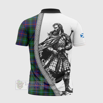 Calder Tartan Clan Crest Zipper Polo Shirt with Highlander Warrior Celtic Style - Tartan Vibes Clothing