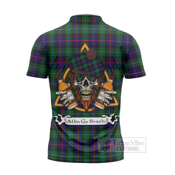 Calder Tartan Zipper Polo Shirt with Family Crest and Bearded Skull Holding Bottles of Whiskey