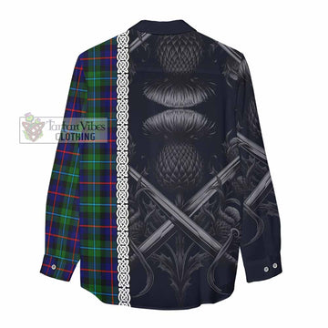 Calder Tartan Women's Casual Shirt with Family Crest Cross Sword Thistle Celtic Vibes - Tartan Vibes Clothing