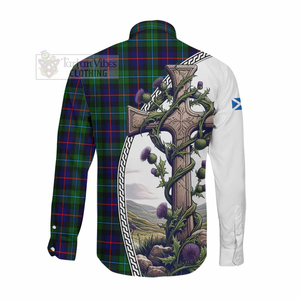 Calder Tartan Long Sleeve Button Shirt with Family Crest and St. Andrew's Cross Accented by Thistle Vines Men's Shirt - Tartan Vibes Clothing