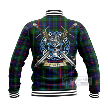 Calder Tartan Baseball Jacket with Family Crest Celtic Skull Style - Tartan Vibes Clothing