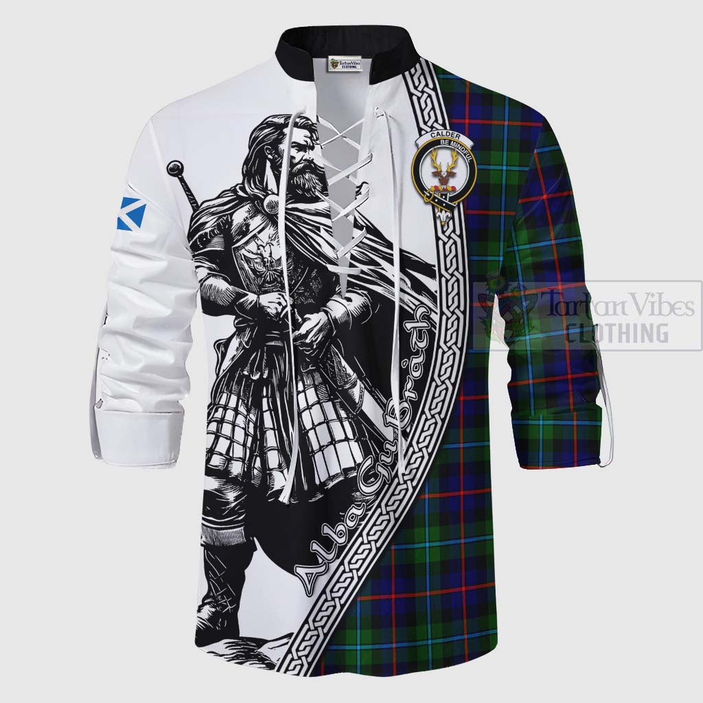 Calder Tartan Clan Crest Ghillie Kilt Shirt with Highlander Warrior Celtic Style - Tartan Vibes Clothing