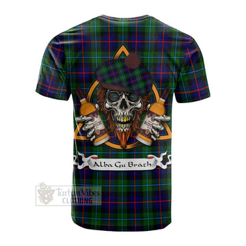 Calder Tartan Cotton T-shirt with Family Crest and Bearded Skull Holding Bottles of Whiskey - Tartan Vibes Clothing
