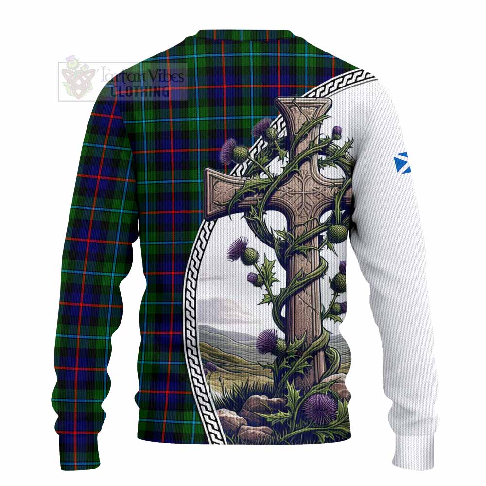 Tartan Vibes Clothing Calder Tartan Knitted Sweater with Family Crest and St. Andrew's Cross Accented by Thistle Vines