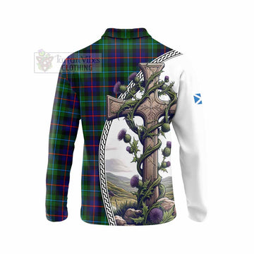 Calder Tartan Long Sleeve Polo Shirt with Family Crest and St. Andrew's Cross Accented by Thistle Vines - Tartan Vibes Clothing