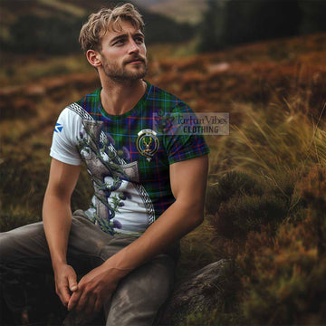 Calder Tartan T-Shirt with Family Crest and St. Andrew's Cross Accented by Thistle Vines - Tartan Vibes Clothing