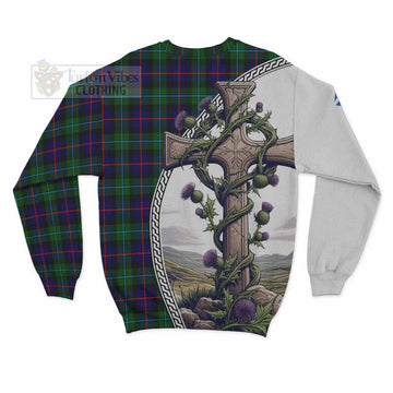 Calder Tartan Sweatshirt with Family Crest and St. Andrew's Cross Accented by Thistle Vines - Tartan Vibes Clothing