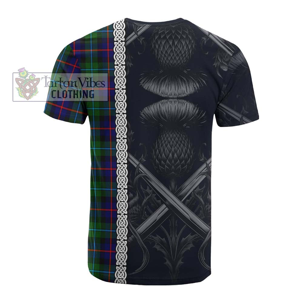 Calder Tartan Cotton T-shirt with Family Crest Cross Sword Thistle Celtic Vibes - Tartan Vibes Clothing