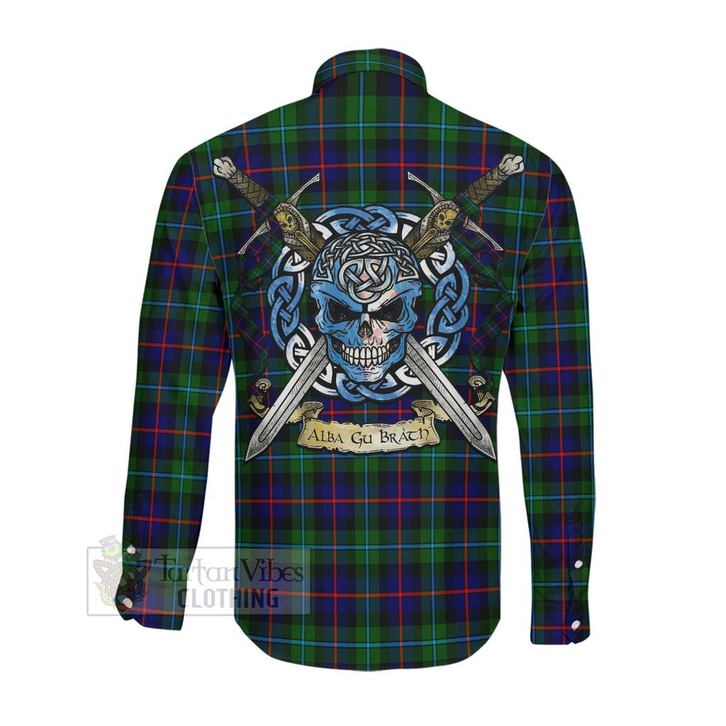 Calder Tartan Long Sleeve Button Shirt with Family Crest Celtic Skull Style Men's Shirt - Tartan Vibes Clothing