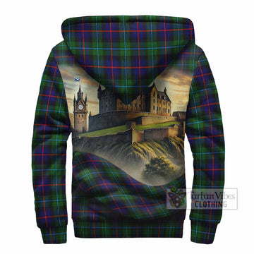 Calder Tartan Family Crest Sherpa Hoodie with Scottish Ancient Castle Style