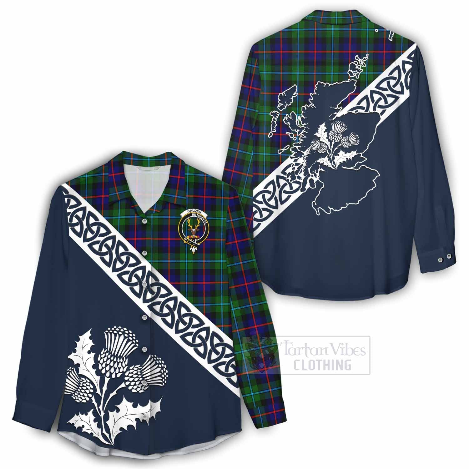 Calder Tartan Women's Casual Shirt Featuring Thistle and Scotland Map - Tartan Vibes Clothing
