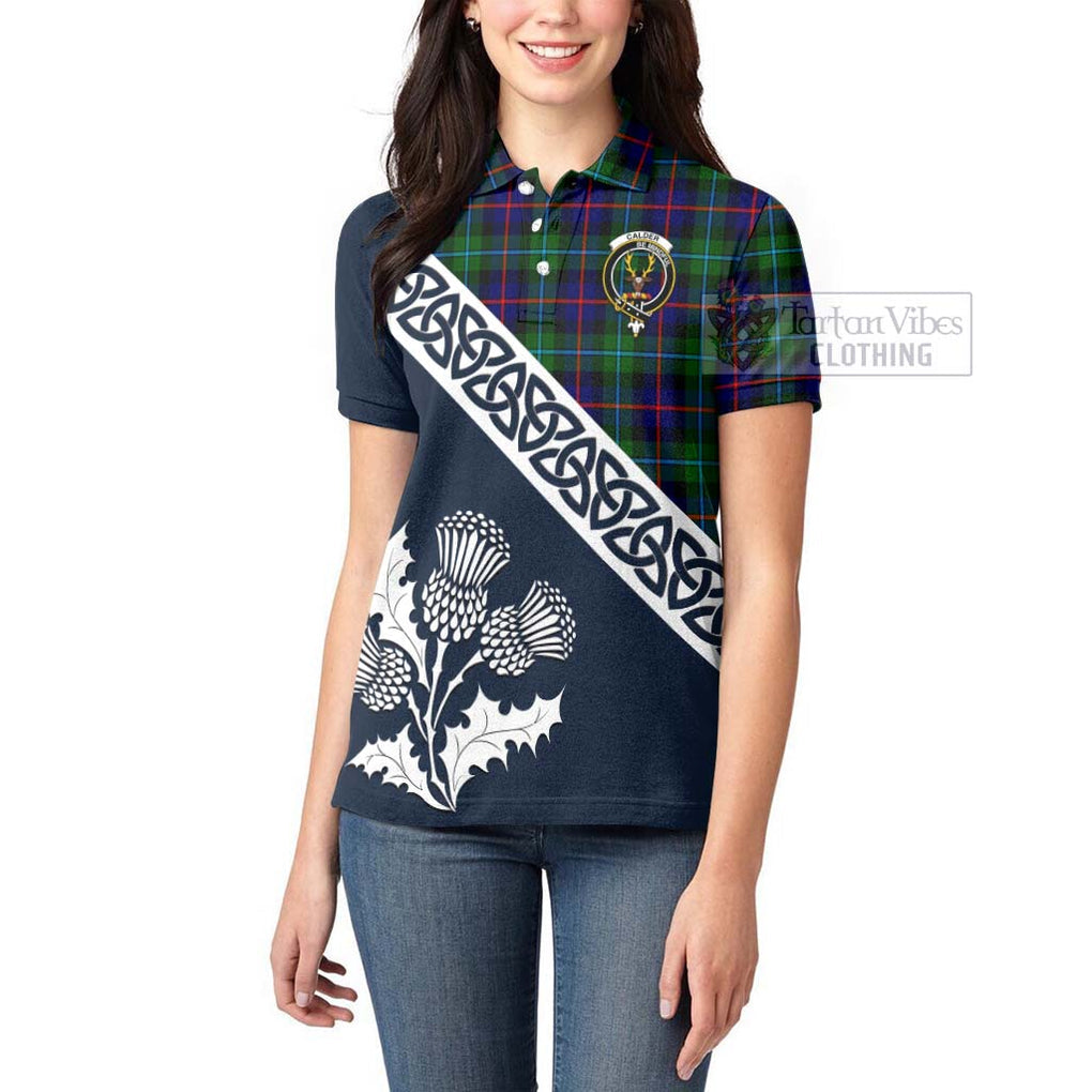 Calder Tartan Women's Polo Shirt Featuring Thistle and Scotland Map - Tartanvibesclothing Store