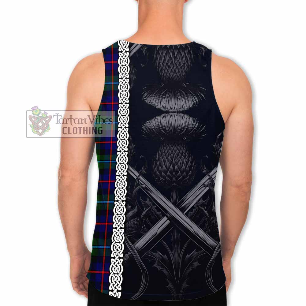 Tartan Vibes Clothing Calder Tartan Men's Tank Top with Family Crest Cross Sword Thistle Celtic Vibes