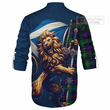 Calder Tartan Family Crest Ghillie Kilt Shirt with Scottish Majestic Lion - Tartan Vibes Clothing