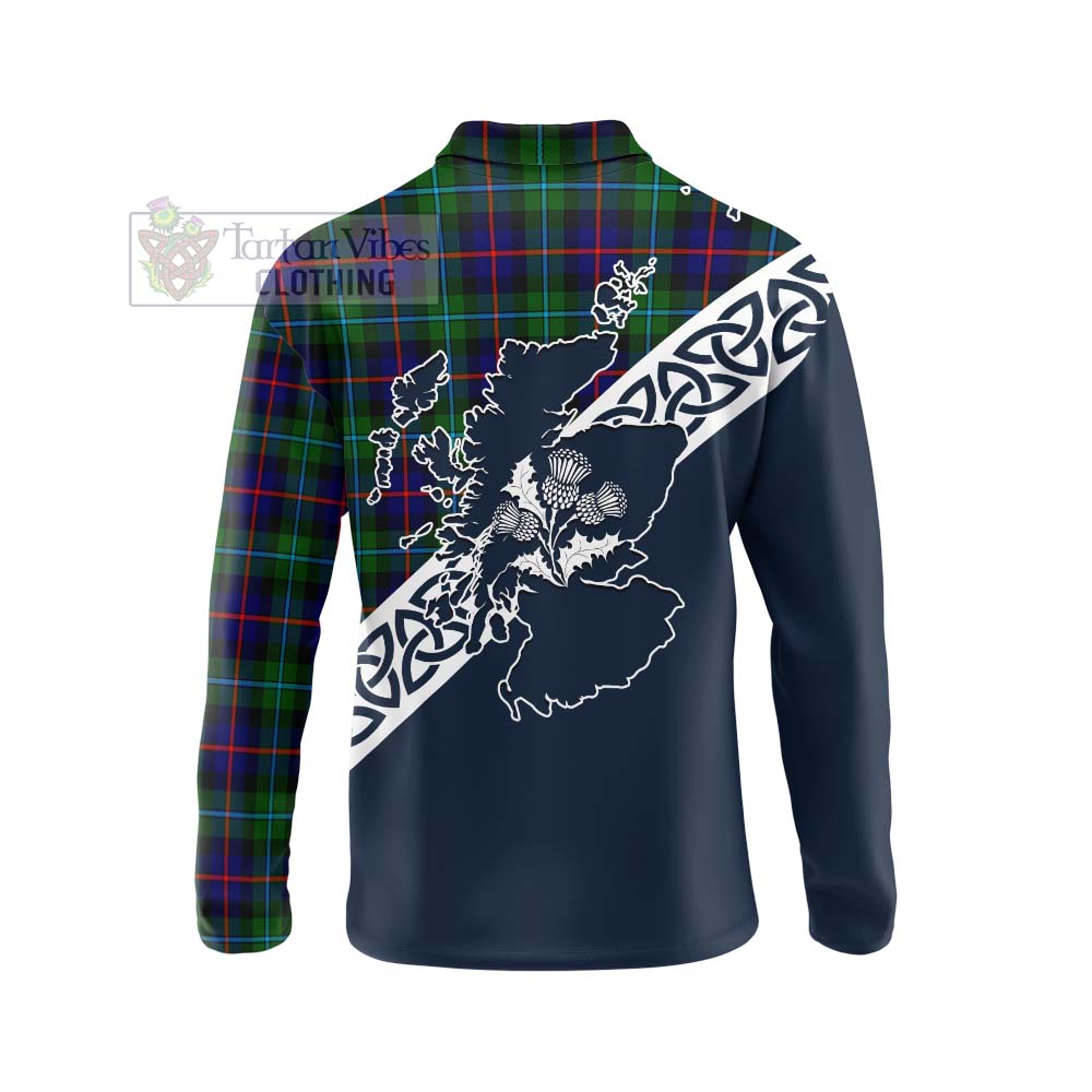 Calder Tartan Long Sleeve Polo Shirt Featuring Thistle and Scotland Map - Tartan Vibes Clothing