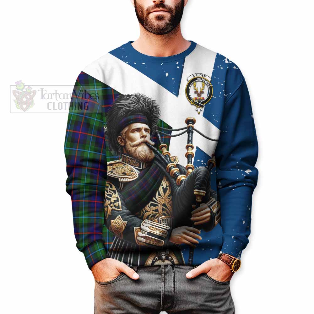 Calder Tartan Sweatshirt with Family Crest Scottish Bagpiper Vibes - Tartan Vibes Clothing