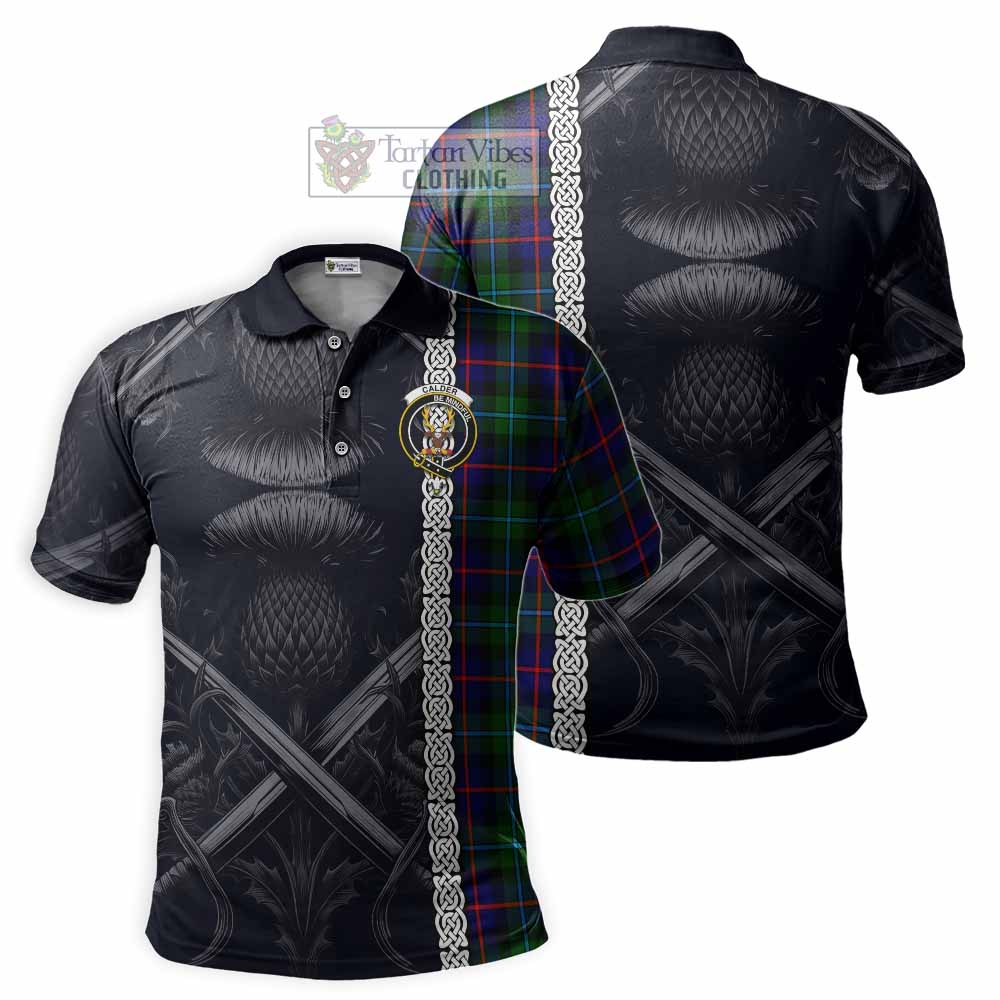 Calder Tartan Polo Shirt with Family Crest Cross Sword Thistle Celtic Vibes - Tartan Vibes Clothing
