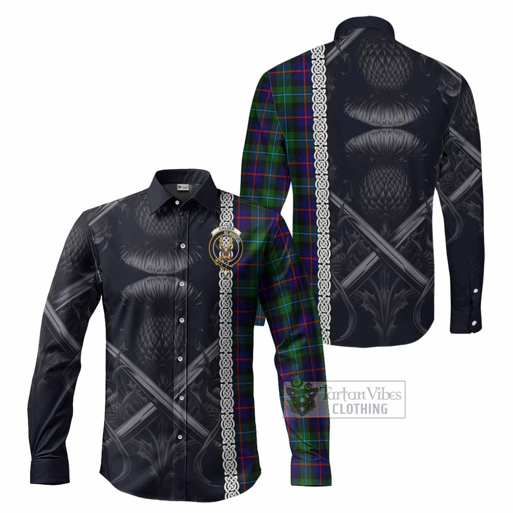 Tartan Vibes Clothing Calder Tartan Long Sleeve Button Shirt with Family Crest Cross Sword Thistle Celtic Vibes